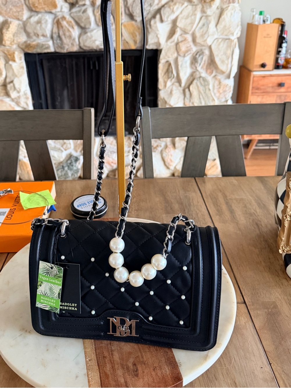 Badgley Mischak in Black  Shoulder Bag with Pearl Accent and Chain Strap